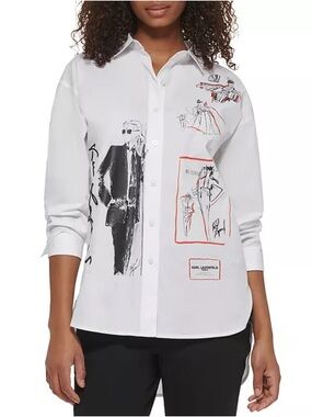 NWOT Karl Lagerfeld Women's Sketch-Graphic Poplin Button Down Shirt size L